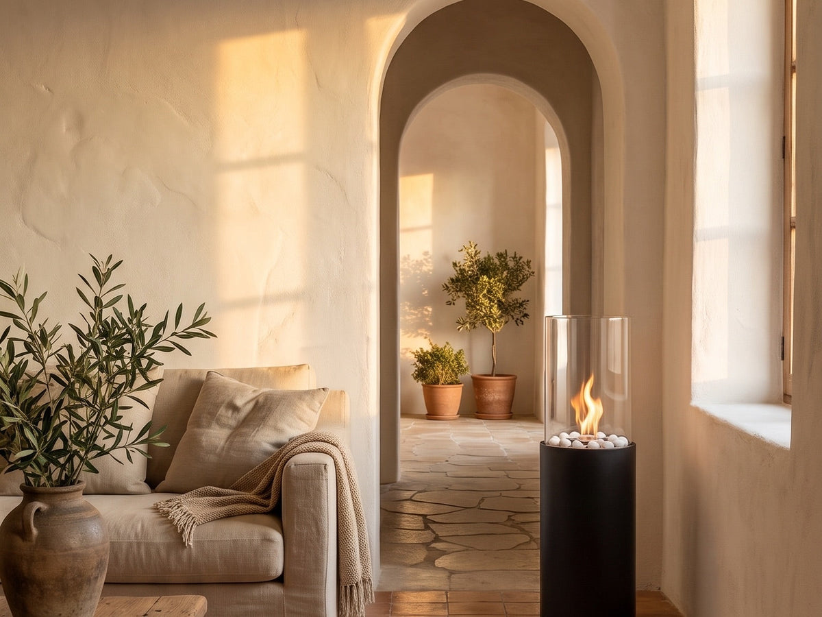 Bioethanol fireplace burning in a sunlit Mediterranean living room